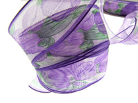 Wired Edge Organza Ribbon with Majenta Tulip & Green Leaves - 5m x 35mm