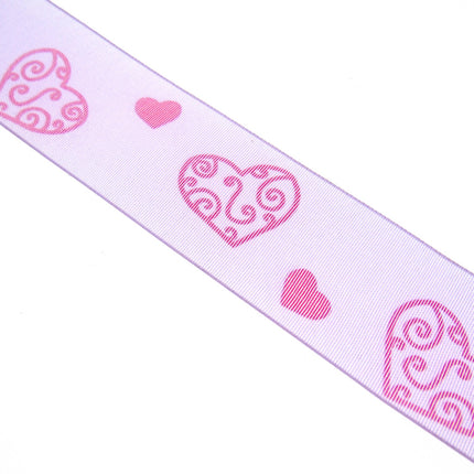 5m x 25mm Lilac Organza Ribbon with Red Love Hearts for Valentines Day - ThreadandTrimmings