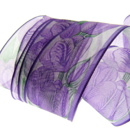 Wired Edge Organza Ribbon with Majenta Tulip & Green Leaves - 5m x 35mm