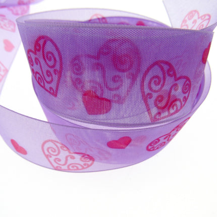 5m x 25mm Lilac Organza Ribbon with Red Love Hearts for Valentines Day - ThreadandTrimmings