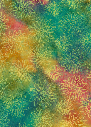 Batik Cotton Fabric by John Louden 100% Cotton Green Yellow Floral - JLB0110Col1 - ThreadandTrimmings