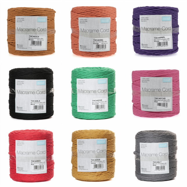 UK made 100% cotton macrame cord 4mm thick 87m rolls assortment in 20 vibrant colors layout, Large 0.5kg spools of natural cotton macrame braiding rope for wall hangings and crafts close up, Braided cotton craft cord for bohemian home decor and handmade jewelry tassels