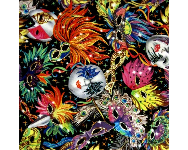 Black Cotton Fabric with Bright Colourful Carnival & Masks Theme 135cm Wide - ThreadandTrimmings