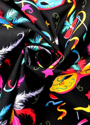 Black Cotton Fabric with Bright Colourful Masquerade Mask Theme 58" Wide