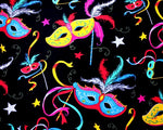 Black Cotton Fabric with Bright Colourful Masquerade Mask Theme 58" Wide