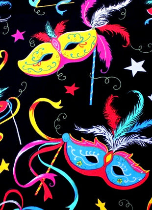 Black Cotton Fabric with Bright Colourful Masquerade Mask Theme 58" Wide