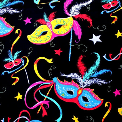Black Cotton Fabric with Bright Colourful Masquerade Mask Theme 58" Wide