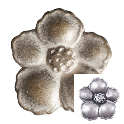 A metal flower button with a shank, displayed in both bronze and silver colors, with a five-petal design.