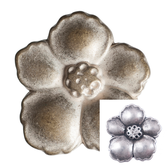 A metal flower button with a shank, displayed in both bronze and silver colors, with a five-petal design.