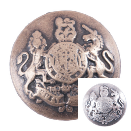Round metal blazer buttons featuring an embossed design with a prancing lion and unicorn, available in bronze or silver color.