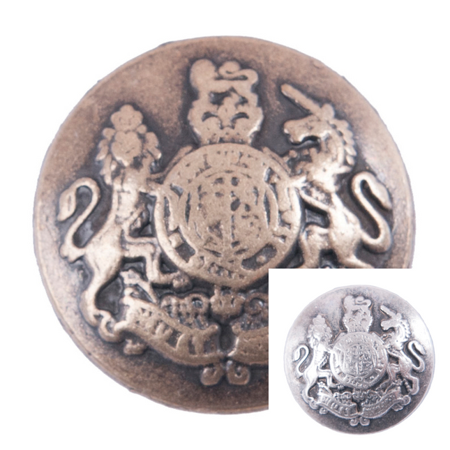 Round metal blazer buttons featuring an embossed design with a prancing lion and unicorn, available in bronze or silver color.