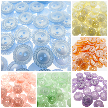 A collection of round milled edge baby buttons in various colors including white, cream, lemon, blue, pink, lilac, and peach.