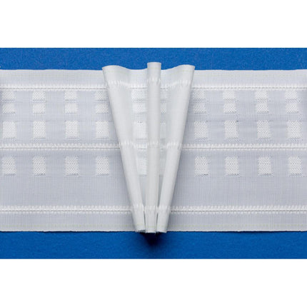 A length of white pinch pleat curtain tape with three pleats, displayed against a blue background.