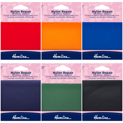 A selection of Hemline waterproof self-adhesive nylon repair patches in various colors, each measuring 10cm x 20cm.