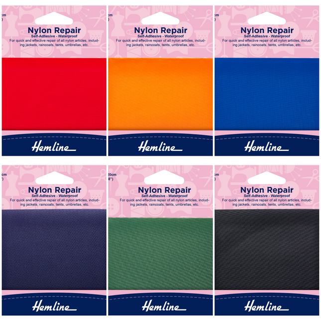 A selection of Hemline waterproof self-adhesive nylon repair patches in various colors, each measuring 10cm x 20cm.