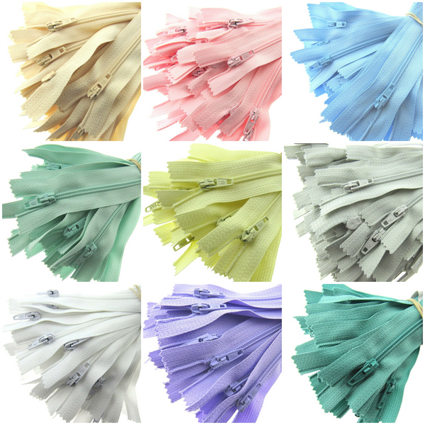 PASTEL SAMPLE ZIP MIX - 10 ASSORTED PASTEL COLOURS - CLOSED END NYLON ZIPS - ThreadandTrimmings