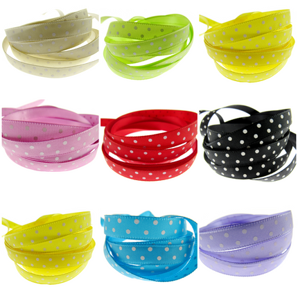 Assortment of 10mm satin ribbons with a polka dot pattern and woven edge in various colors including beige, yellow, pink, red, black, white, blue, and purple.