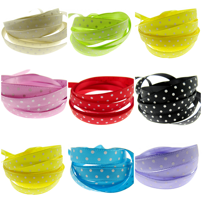 Assortment of 10mm satin ribbons with a polka dot pattern and woven edge in various colors including beige, yellow, pink, red, black, white, blue, and purple.