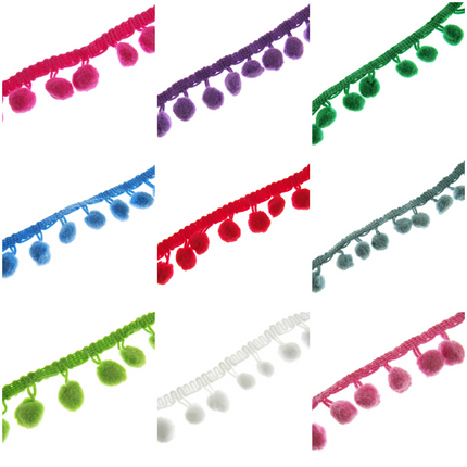 Bright Pom Pom Trimming Fringe Braid 10mm Balls 25mm Drop 25 Colours - By Meter - ThreadandTrimmings
