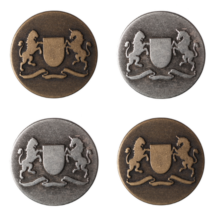 Round Prancing Lion Unicorn Buttons 6pc Crested Metal Shank Blazer Bronze Silver - ThreadandTrimmings