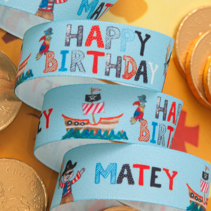 Happy Birthday Matey  Ribbon by Berisfords - 25mm Wide - 3 Meter Lengths Pirates - ThreadandTrimmings