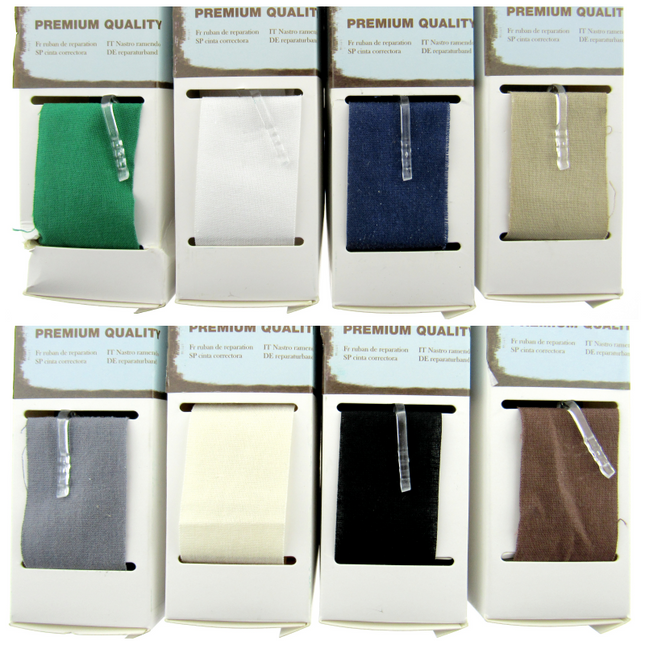 Assortment of iron-on cotton mending repair tape in various colors displayed in individual packages.