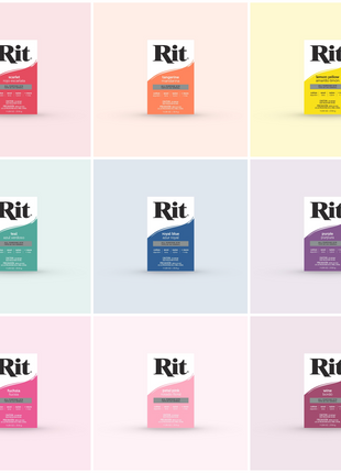 A collection of RIT All Purpose Dye packs in various colors, displayed in a grid arrangement.
