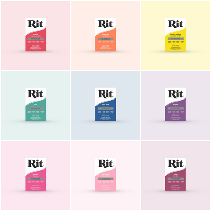 A collection of RIT All Purpose Dye packs in various colors, displayed in a grid arrangement.