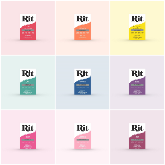 A collection of RIT All Purpose Dye packs in various colors, displayed in a grid arrangement.