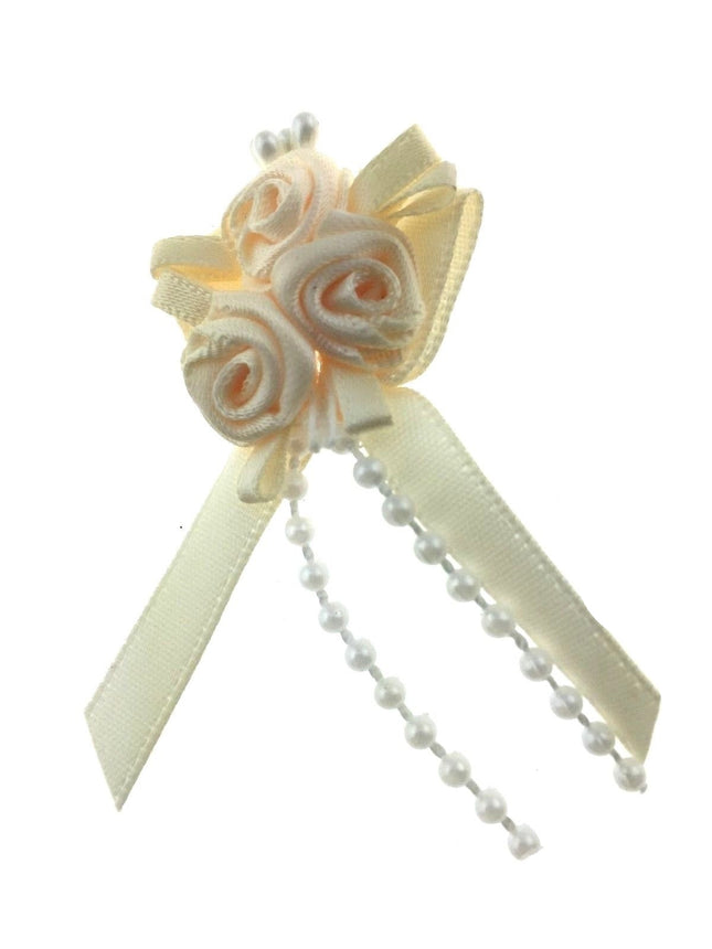 Ribbon Bows with Rose Cluster, String Beads, Stamens and Contrasting Leaves Mono