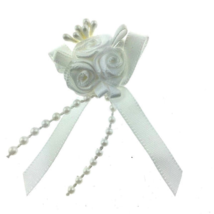 Ribbon Bows with Rose Cluster, String Beads, Stamens and Contrasting Leaves Mono