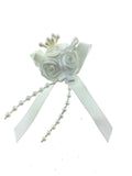 Ribbon Bows with Rose Cluster, String Beads, Stamens and Contrasting Leaves Mono
