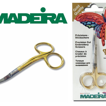 Double Curved Embroidery Scissors Madeira Gold Plated Precision Cut Scissors - ThreadandTrimmings