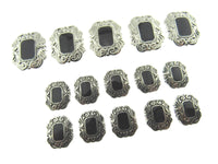 A Set of Art Deco Style Black & Antique Silver Plastic Shank Buttons - ThreadandTrimmings