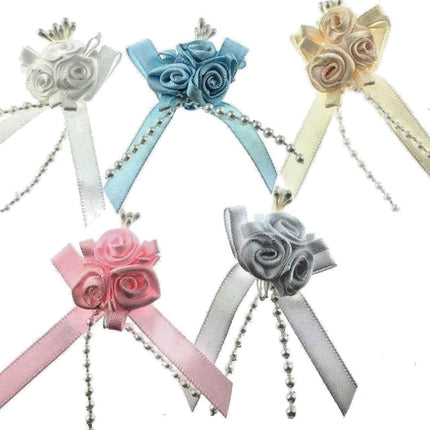 Ribbon Bows with Rose Cluster, String Beads, Stamens and Contrasting Leaves Mono