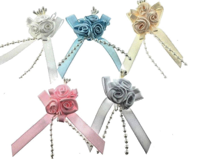 Rose cluster ribbon bows mono colour in white ivory cream pale blue and pink arranged in a row pack of 5
