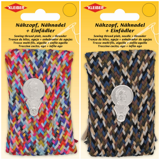 Packaging of Sewing Braids Thread Plaits with Needle and Threader. The package contains two skeins of multicolored threads and a nickel-free sewing needle with a threader.