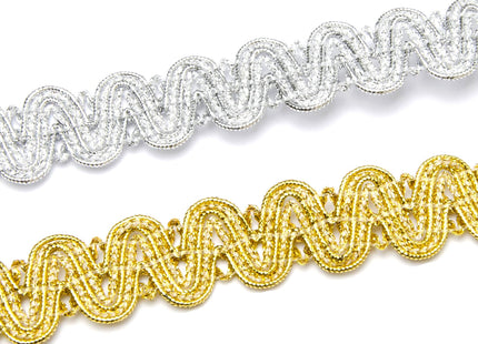 Two braided trimmings, one in gold and one in silver, with a scalloped weave on both sides.
