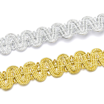 Two braided trimmings, one in gold and one in silver, with a scalloped weave on both sides.