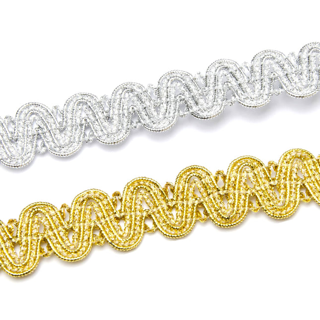 Two braided trimmings, one in gold and one in silver, with a scalloped weave on both sides.