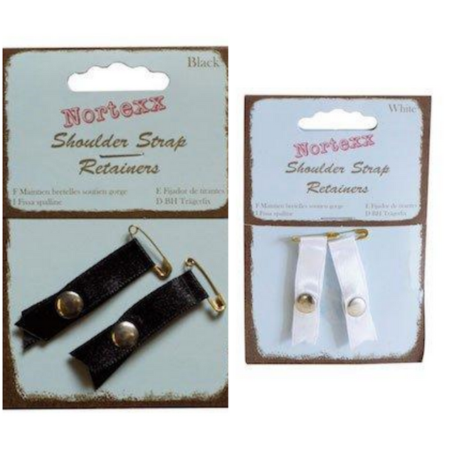Two packages of shoulder strap retainers, one black and one white, with the Nortexx brand visible.