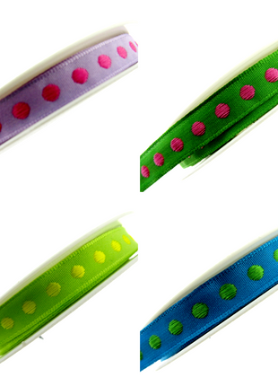Bright Funky Narrow Ribbon with Woven Contrasting Spot - 10mm -5m or 20m Lengths - ThreadandTrimmings