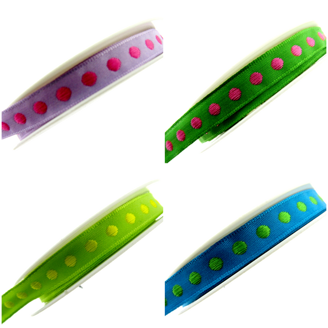 Bright Funky Narrow Ribbon with Woven Contrasting Spot - 10mm -5m or 20m Lengths - ThreadandTrimmings