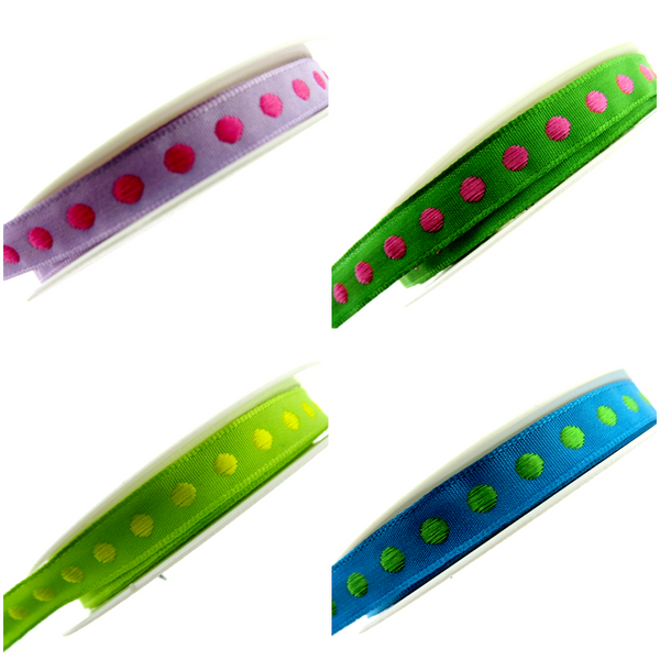 Bright Funky Narrow Ribbon with Woven Contrasting Spot - 10mm -5m or 20m Lengths