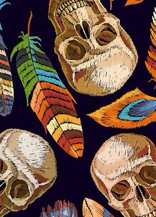 Cotton Fabric with Digitally Printed Skulls & Feathers Theme 59" Wide - ThreadandTrimmings