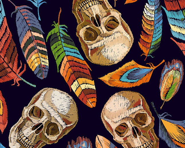 Cotton Fabric with Digitally Printed Skulls & Feathers Theme 59" Wide - ThreadandTrimmings