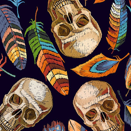 Cotton Fabric with Digitally Printed Skulls & Feathers Theme 59" Wide - ThreadandTrimmings