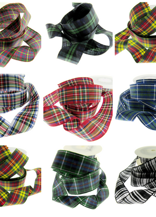 Close up of various tartan lengths of plaid ribbon