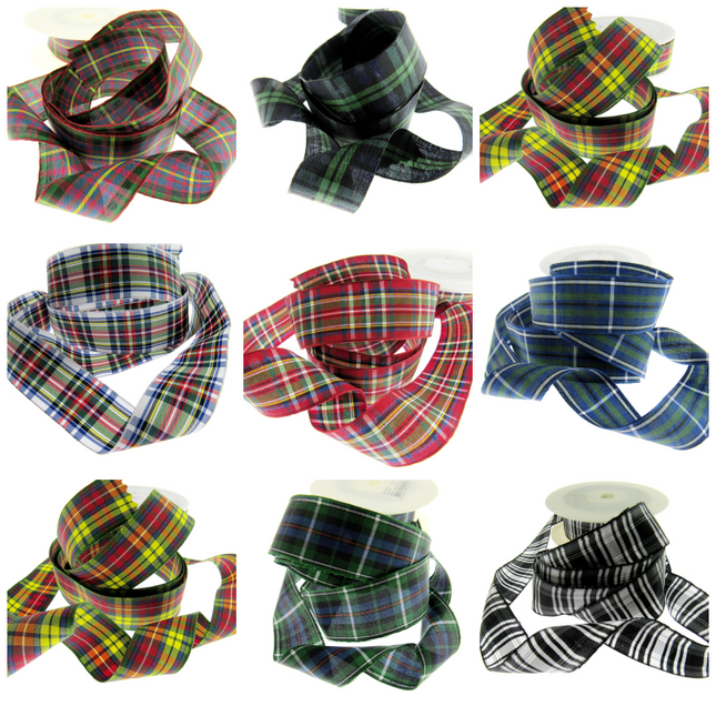 Close up of various tartan lengths of plaid ribbon