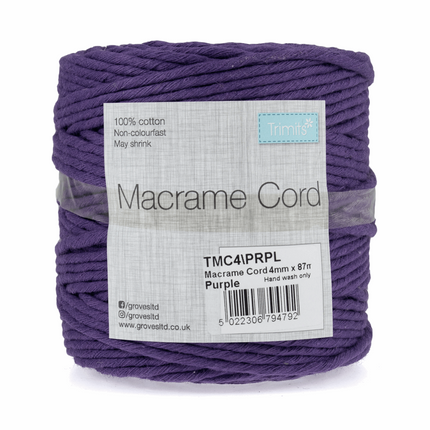 Macramé Cotton Cord - 87m x 4mm - 0.5kg Rolls - 20 Colours Available TMC4
